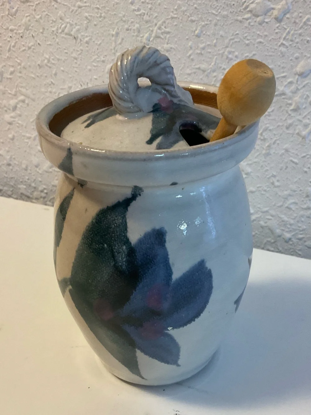 Stunning Studio Art Pottery Lidded honey pot with dipper
